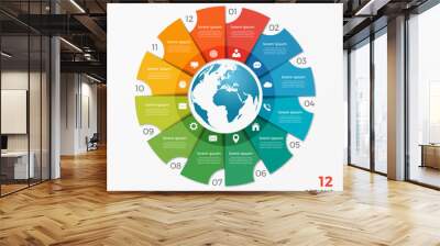 Circle chart infographic template with globe 12 options Wall mural