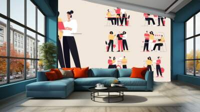 Collection of flat style vector illustrations depicting business people teamwork. Editable stroke Wall mural