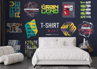 Collection of fourteen colorful vector t-shirt graphic designs, prints, illustrations Wall mural