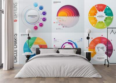 Collection of vector circle chart infographic templates for presentations, advertising, layouts, annual reports. 6 options, steps, parts. Wall mural