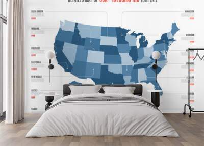 Detailed map of United States of America. Vector template for infographics. Editable stroke. Wall mural