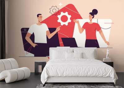 flat style outline vector illustration on the subject of workflow management. editable stroke Wall mural