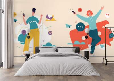 Laughing cheerful young women with smartphone. Vector illustration Wall mural