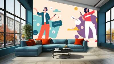 Laughing cheerful young women with smartphone. Vector illustration Wall mural