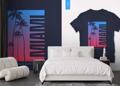 Miami Florida graphic t-shirt design with palm tress, summer retro print, vector illustration Wall mural