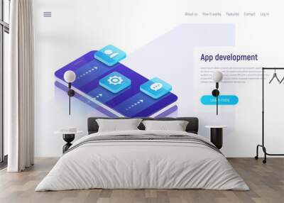 Mobile app development isometric concept. Vector illustration. Wall mural