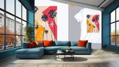 South beach graphic t-shirt design with palm trees, vector illustration Wall mural