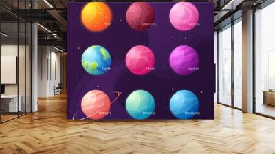 The Solar system. Colorful cartoon set with sun and planets. Vec Wall mural