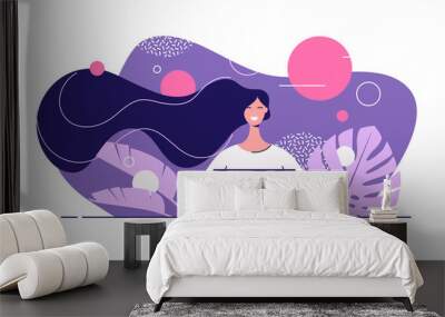 vector flat style illustration of a young beautiful woman with laptop Wall mural