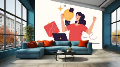 Vector illustration depicting a happy young woman finding an effective solution. Editable stroke Wall mural