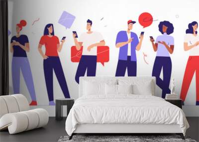 Vector illustration depicting a young people chatting using mobile phones. Editable stroke Wall mural