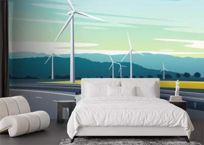 Vector illustration of a car driving on the highway in the mouuntains along windmills farm Wall mural