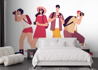 Vector illustration of a group of happy friends tourists travelers Wall mural