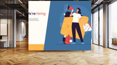 Vector illustration on the subject of hiring, new employees recruiting, announcement and promotion. Editable stroke Wall mural