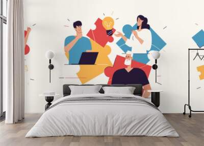 Vector illustrations depicting a group of happy young man finding an effective solution. Editable stroke Wall mural