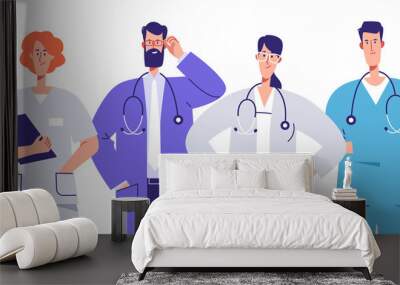 Vector outline illustration of a medical personnel, health workers, hospital physicians. Editable stroke, global swatches Wall mural