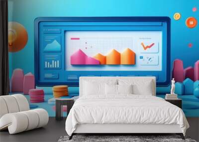 3D illustration of an interactive dashboard display with dynamic charts and floating icons on a vibrant blue background. Wall mural