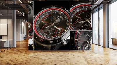  Set of Luxury  sport chronograph black Analog Men's Watch silver red steel for men luxury on black background - detail view Wall mural