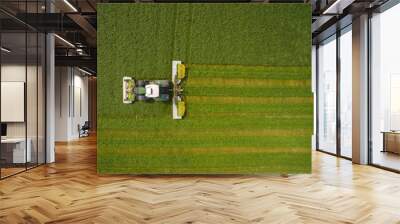 Aerial view of a tractor mowing a green fresh grass field, 
a farmer in a modern tractor mowing a green fresh grass field on a sunny day Wall mural