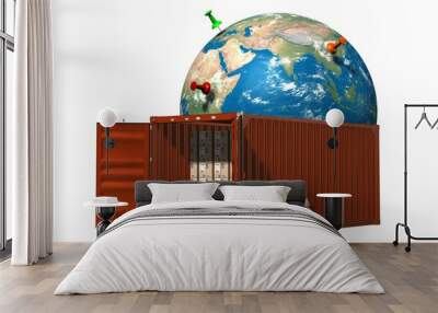 Internet shopping and e-commerce, package delivery concept, global freight transportation business, cargo container with cardboard boxes and Earth globe Wall mural