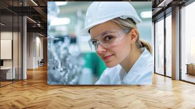 Female industrial engineer in white hard hat and safety goggles working in factory setting with equipment in background. Wall mural