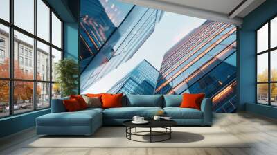 Modern glass office buildings with dynamic angles and reflections, corporate architecture concept. Wall mural