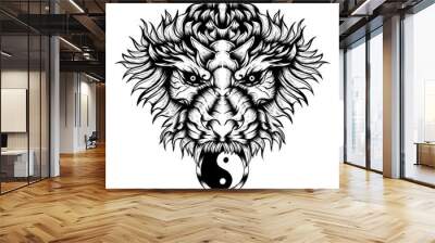 Vector lion head tattoo with ying yang symbol Wall mural