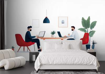 Two men working in a modern office with plants. Flat lay illustration with minimalist design. Wall mural