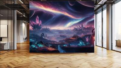 a fantastical alien landscape with a seamless space background, incorporating distinct layers to enhance the design for a game application Wall mural