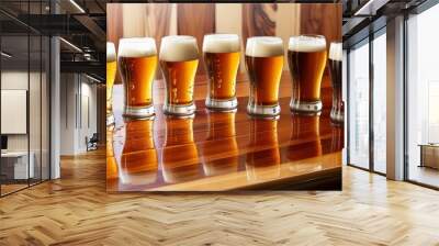 A lineup of eight glasses of cold beer on a wooden bar table, ready to be served Wall mural