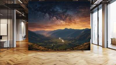 A magical mountain valley bathed in the golden glow of twilight Wall mural