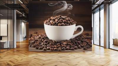 Aromatic coffee beans in a white cup with smoky swirls rising, set on a wooden surface Wall mural