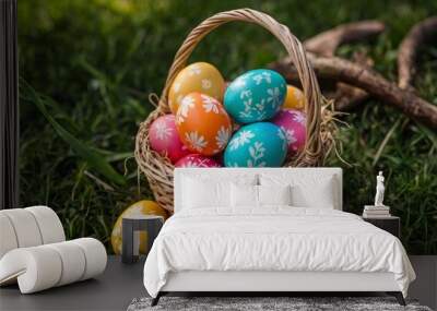 Beautifully decorated Easter eggs in a basket on a green grass background Wall mural