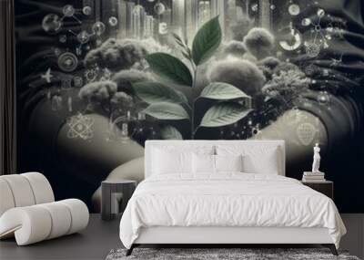 Ecology concept with plant in boy's hand and natural background Wall mural