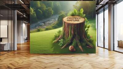 Effects of deforestation highlighted by tree stump on green grass with a message to protect nature Wall mural