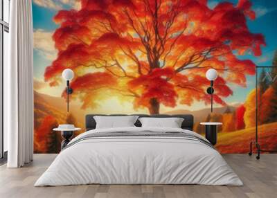 Fall landscape featuring a vibrant tree with colorful leaves and a clear blue sky Wall mural