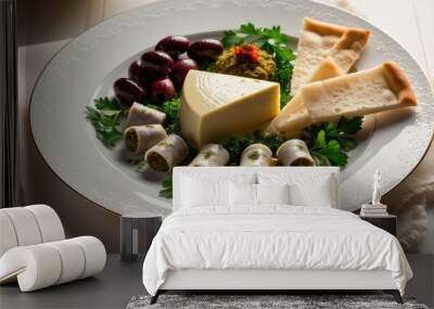 Fasting food plate with traditional dishes: olives, dolma, halva, and lagana on a white plate Wall mural