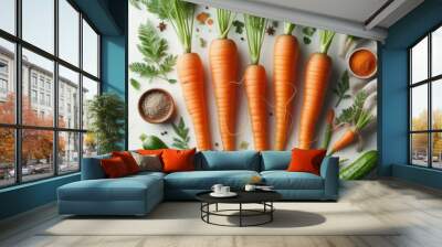 Four freshly harvested carrots arranged on a white background Wall mural