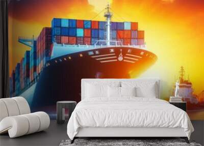 Global logistics import export background with container cargo ship sailing at sunset sky Wall mural