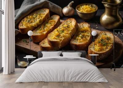 Golden brown garlic bread toast prepared for serving Wall mural