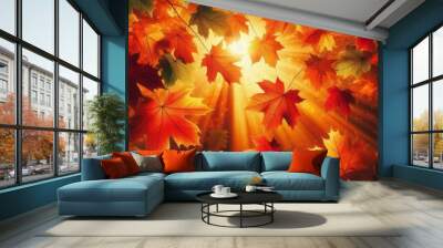 Leaves of the fall season illuminated by morning sunlight in vibrant colors Wall mural