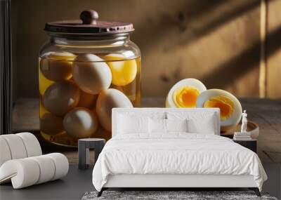 Pickled eggs in a jar with one egg sliced open on display Wall mural