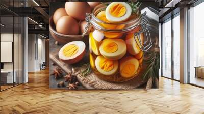 Pickled eggs in a jar with one egg sliced open on display Wall mural