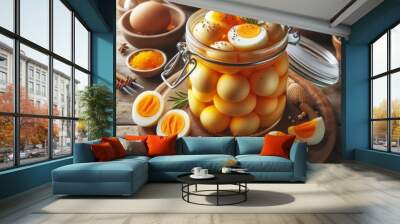 Pickled eggs in a jar with one egg sliced open on display Wall mural