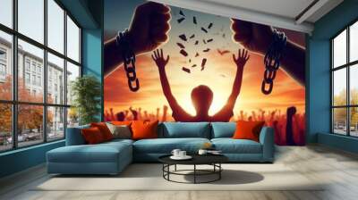 Silhouette of hands raising broken chains against a blurred night background, symbolizing freedom Wall mural