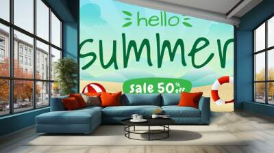 summer sale banner with a cute raccoon in beach Wall mural