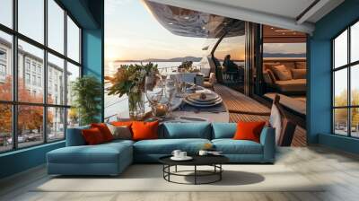 A beautiful yacht with a table set up for a dinner party Wall mural