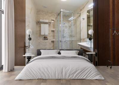 Interior of a hotel bathroom with glass shower cabin Wall mural