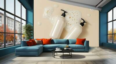 Two bottles with black pumps in foamy setting Wall mural