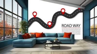 Flat road with pins.Highway for route of journey on isolated background. Asphalt street for infographic. Design traffic trip template. Winding street with points banner. Design vector illustration. Wall mural